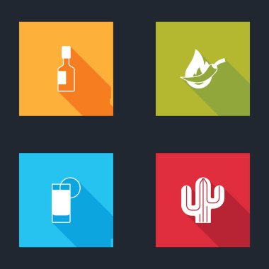 Tabasco sosu, acı biber kabuğu, limonlu tekila bardağı ve kaktüs ikonu. Vektör