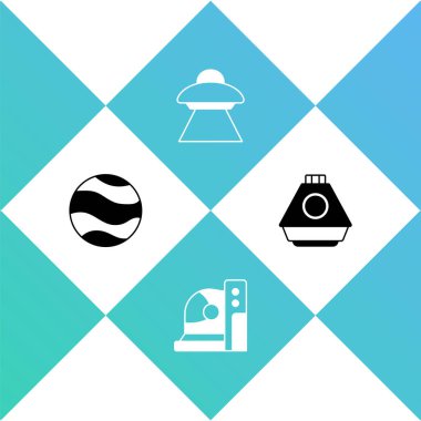 Gezegen, astronot kaskı, UFO uçan uzay gemisi ve uzay kapsülü simgesi. Vektör