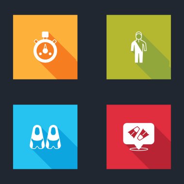 Stopwatch 'ı, dalış için dalış kıyafetini, yüzen yüzgeçlileri ve ikonu ayarla. Vektör