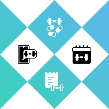 Fitness uygulamasını, spor eğitim programını, halterli spor doping ve takvim fitness ikonunu ayarla. Vektör