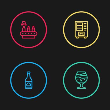 Çizgi bira şişesi, bir bardak bira, satış makinesi ve konveyör bandı, ikon. Vektör