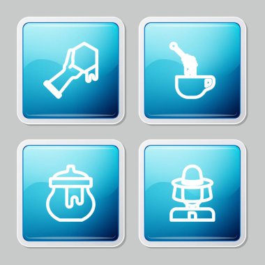 Hattı belirle bal peteği ve el, ballı çubuk, kavanoz ve arıcı şapka ikonunu koru. Vektör