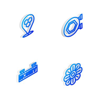 Bal peteği, bal peteği arısı konumu ve çiçek ikonu ile Isometric hat asma işaretini ayarla. Vektör