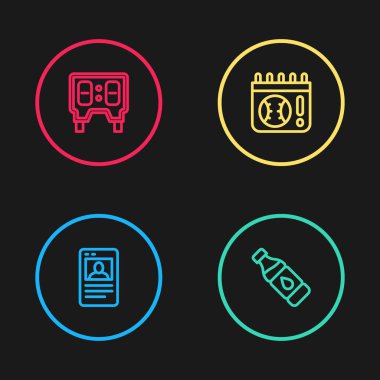 Beyzbol kartı, bir şişe su, beyzbol maçlı takvim ve mekanik skorbord ikonu. Vektör