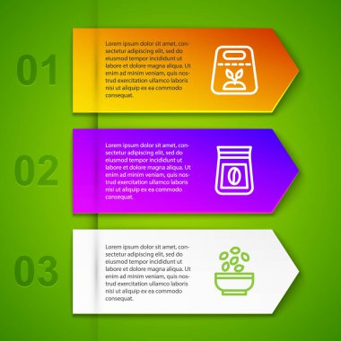 Bitki tohumları, kahve çekirdekleri ve kabın içindeki tohumlarla dolu bir sıra oluştur. Ticari bilgi şablonu. Vektör