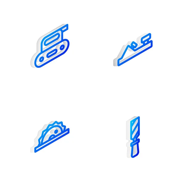 Set Isometrische Linie Holzhobel, Elektrohobel, Kreissäge und Rasp Metallfeile Symbol. Vektor — Stockvektor