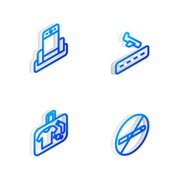 Set Isometrische Linie Flugzeug Landung, Metalldetektor Flughafen, Koffer und Nichtraucher-Symbol. Vektor — Stockvektor