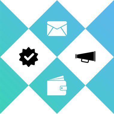 Onaylandı ve işaretlendi, Cüzdan, Zarf ve Megafon simgesi. Vektör