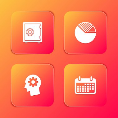 Güvenli, turta grafiği bilgisi, içinde ekipman olan insan kafası ve takvim simgesi. Vektör