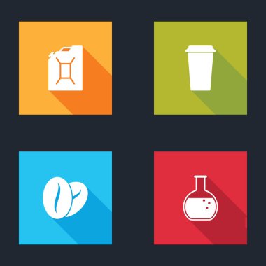 Benzin, kahve fincanı, fasulye, test tüpü ve şişe ikonu için bidon hazırla. Vektör