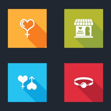 Kadın cinsiyeti ve kalbi belirle, seks atölyesi binası, erkek kadın ve Silikon top ikonu. Vektör