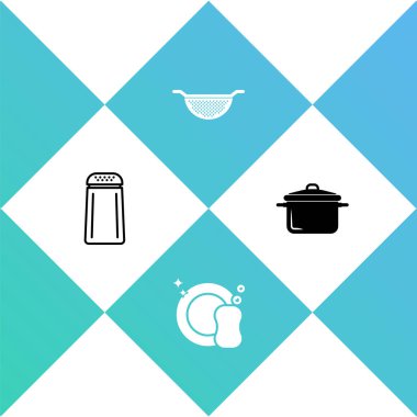 Tuz ve biber, bulaşık, mutfak kevaşesi ve tencere ikonu. Vektör