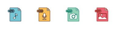 MP3 dosya belgesini, OGG, RAW ve TIFF simgesini ayarla. Vektör