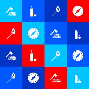 Tahta balta ve odun, termos kabı, yanan kibrit ve pusula simgesini ayarlayın. Vektör