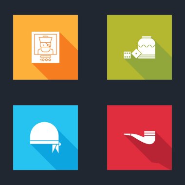 Aranan poster korsanı, Korsan oyunu zarları, kafa için bandana ve tüttürme çubuğu ikonu. Vektör