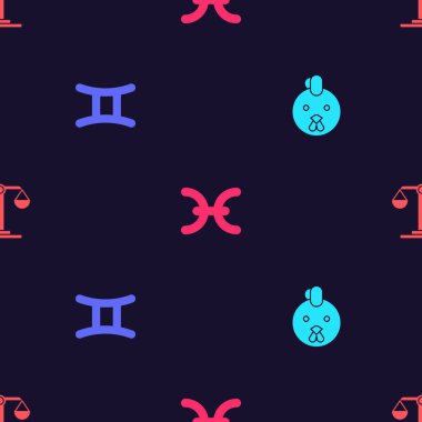 Horoz burcunu, İkizler burcunu, Balık burcunu ve Terazi burcunu kusursuz desene ayarlayın. Vektör