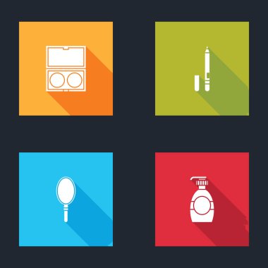 Makyaj tozunu ayna, göz kalemi, kaş, el ve bir şişe sıvı sabun ikonu ile ayarla. Vektör