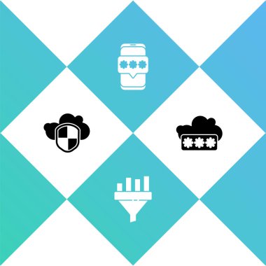 Bulut ve kalkanı ayarla, grafikli satış hunisi, mobil şifre ve parola koruma simgesi. Vektör