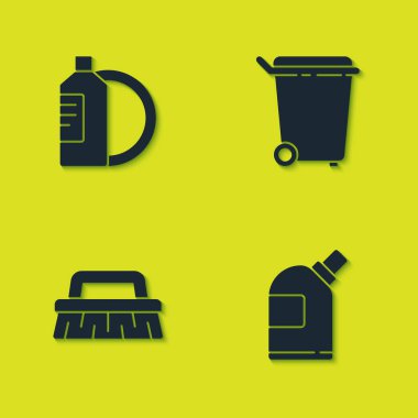 Bulaşık deterjanı, temizlik malzemesi, fırça ve çöp kutusu ikonu için şişe hazırla. Vektör