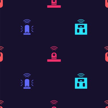 Akıllı banyo terazileri, teşhirci sirenleri, güvenlik kamerası ve kablosuz fareyi sorunsuz bir şekilde ayarla. Vektör