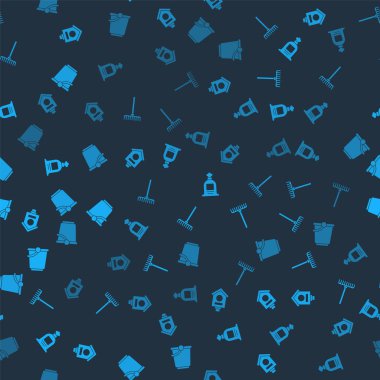 Kuş yuvası, bahçe tırmığı, tam çuval ve kova. Vektör