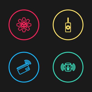 Bağlantısız ödeme, ses asistanı, uzaktan kumanda ve ürün geliştirme ikonu ayarlayın. Vektör