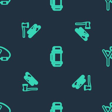 Termos kabını, tahta baltayı, tahtayı ve sapanı pürüzsüz desene ayarlayın. Vektör