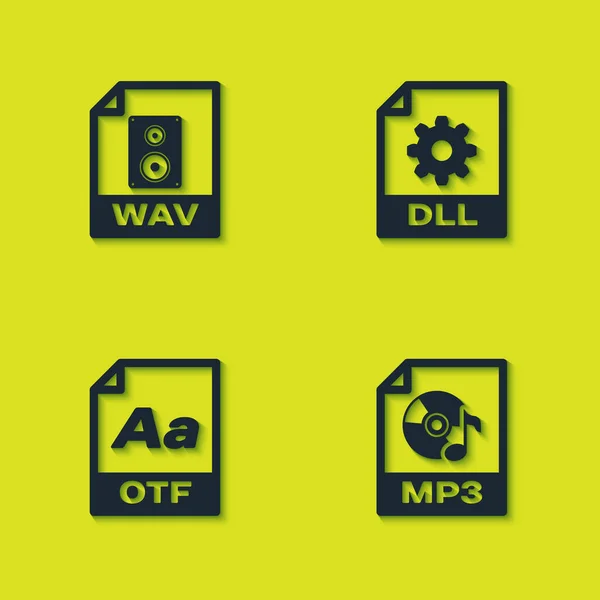 Ange WAV-fil dokument, MP3, OTF och DLL-ikon. Vektor — Stock vektor
