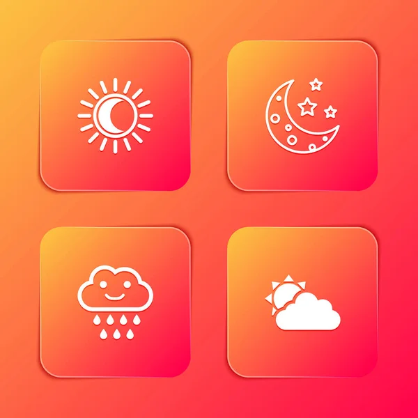 Set Eclipse of the sun, Moon and stars, Cloud with rain and Sun cloud weather icon. Vector — Stock Vector