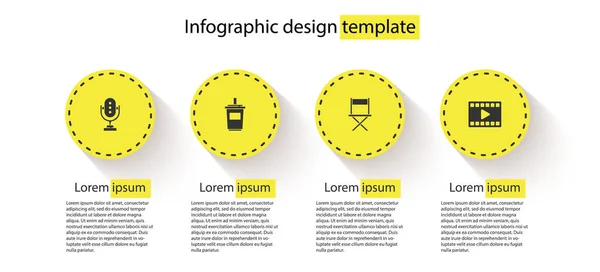 Definir microfone, vidro de papel com água, cadeira de filme diretor e jogar vídeo. Modelo de infográfico de negócios. Vetor — Vetor de Stock