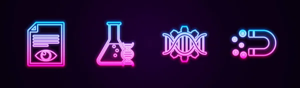 Set line Carta pagina con gli occhi, ricerca del DNA, ricerca, Ingegneria genetica e denaro magnete. Icona luminosa al neon. Vettore — Vettoriale Stock