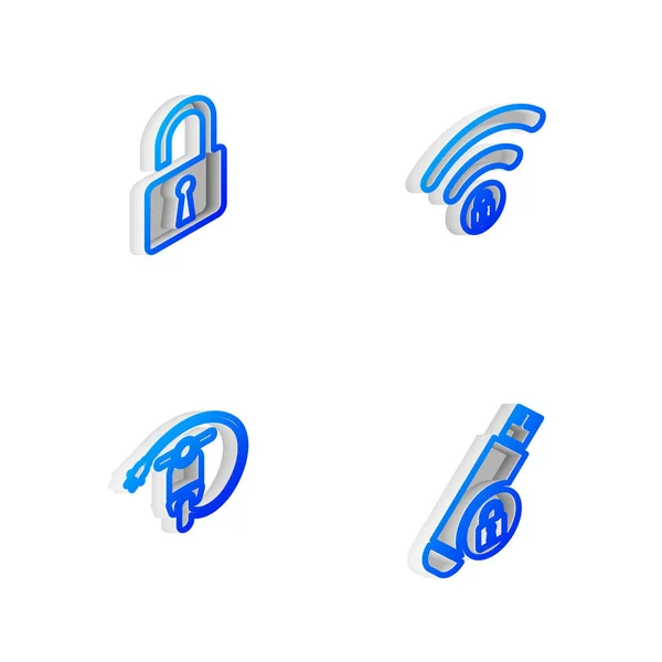 Stel Isometrische lijn Wifi vergrendeld, Open hangslot, Elektrische scooter en USB flash drive met pictogram. Vector — Stockvector