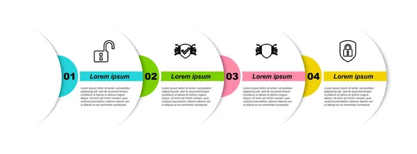Установить линию Открыть замок, Кибербезопасность и Щит с. Бизнес-инфографический шаблон. Вектор — стоковый вектор
