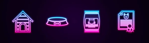 Szett vonal Kutya ház, Kisállat étel tál, zsák macska és tanúsítvány kutya. Ragyogó neon ikon. Vektor — Stock Vector