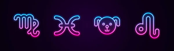 Başak burcu, balık burcu, köpek ve aslan burcu. Parlayan neon ikonu. Vektör — Stok Vektör