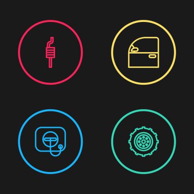 Benzin istasyonuna, araba tekerleğine, kapı ve egzoz ikonuna yağ dolgu kapağını yerleştir. Vektör