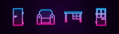 Hat kapalı, Kol Koltuğu, ofis masası ve... Parlayan neon ikonu. Vektör