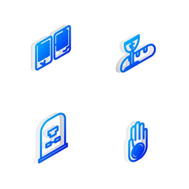 Isometric Line ilk komünyon sembolleri, emirler, RIP yazılı Tombstone ve Jainism ya da Jain Dharma ikonu. Vektör