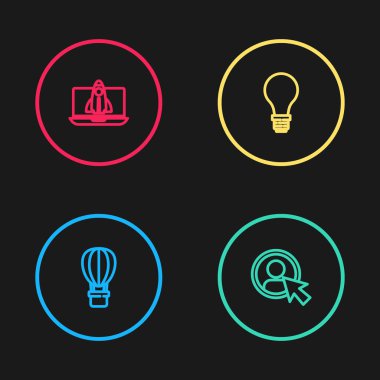 Hattı ayarla Sıcak hava balonu, hesap ekranı oluştur, fikir ve Başlangıç proje simgesi konsepti ile ampul oluştur. Vektör