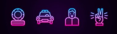 Yanan lastikler, polis arabası ve teşhirci, konuşma özgürlüğü ve iki parmağını gösteren el. Parlayan neon ikonu. Vektör