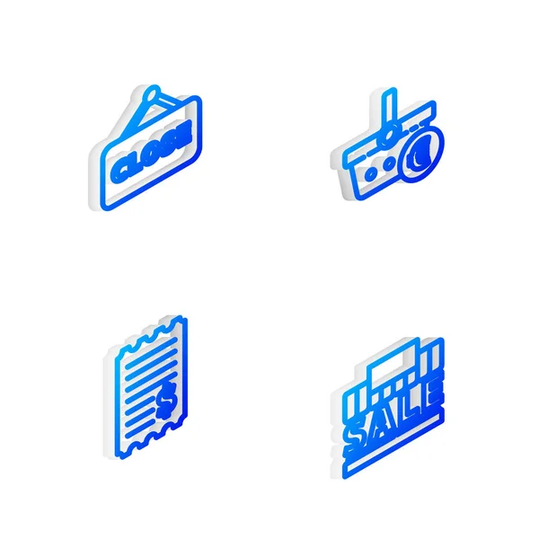 Set Isometric line Nákupní košík a euro, Závěsná cedule s Uzavřeno, Kontrola papíru finanční kontrola a stavební prodej ikony. Vektor — Stockový vektor