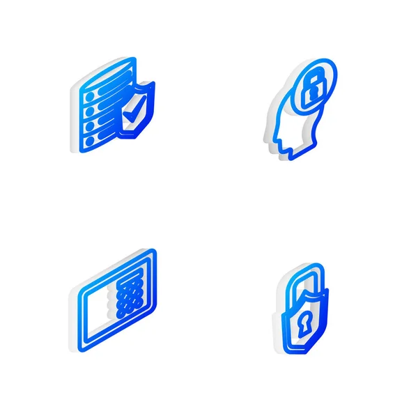 Conjunto de línea isométrica Cabeza humana con cerradura, escudo del servidor, caja fuerte y el icono de bloqueo. Vector — Archivo Imágenes Vectoriales