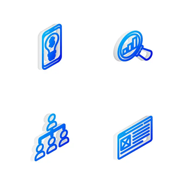 Stel Isometrische lijn Vergrootglas en analyse, gloeilamp met dollar op mobiel, Hiërarchie organogram grafiek en Browser venster pictogram. Vector — Stockvector