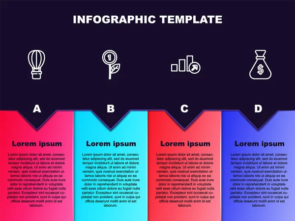 Σετ γραμμή αερόστατο θερμού αέρα, δολάριο φυτό, οικονομική ανάπτυξη και τσάντα χρήματα. Επιχειρηματικό πρότυπο infographic. Διάνυσμα — Διανυσματικό Αρχείο