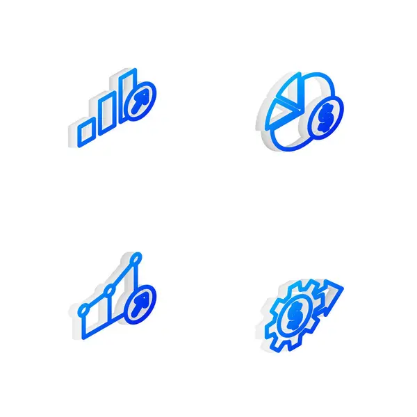 Imposta grafico a linee isometriche a torta e dollaro, crescita finanziaria e ingranaggio con icona. Vettore — Vettoriale Stock