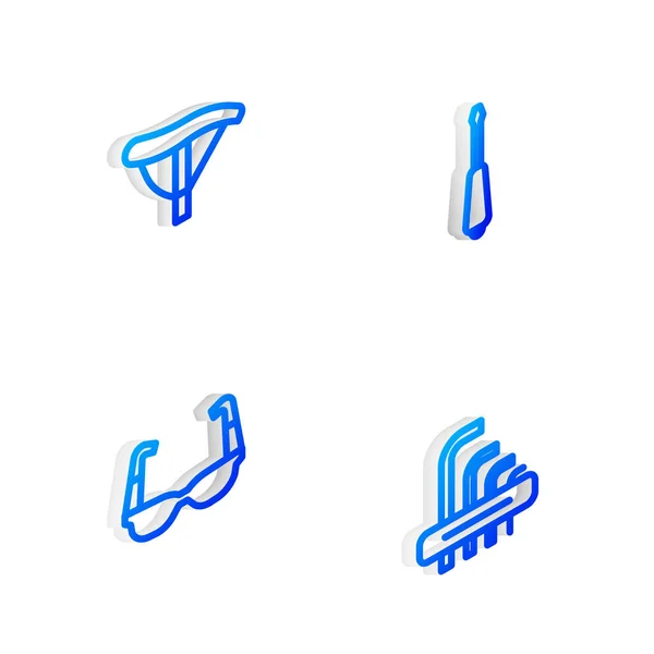 Set Isometrische Linie Schraubenzieher, Fahrradsitz, Sport Radsonnenbrille und Tool Inbusschlüssel Symbol. Vektor — Stockvektor
