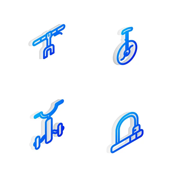 Set Isometric line Jednokolka nebo jedno kolo, kolo řídítka, pro děti a zámek ikony. Vektor — Stockový vektor