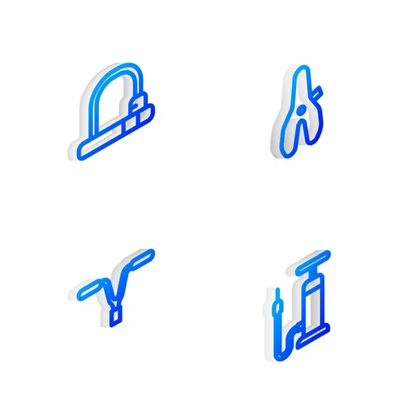 Set linea isometrica Seggiolino bici, lucchetto, manubrio e icona pompa aria. Vettore — Vettoriale Stock