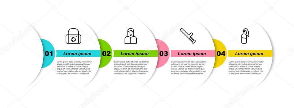 Set line First aid kit, Censor and freedom of speech, Police rubber baton and Cocktail molotov. Business infographic template. Vector