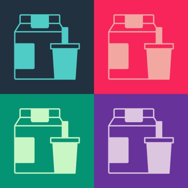 Pop Art Online sipariş ve fast food dağıtım ikonu renkli arka planda izole edildi. Vektör